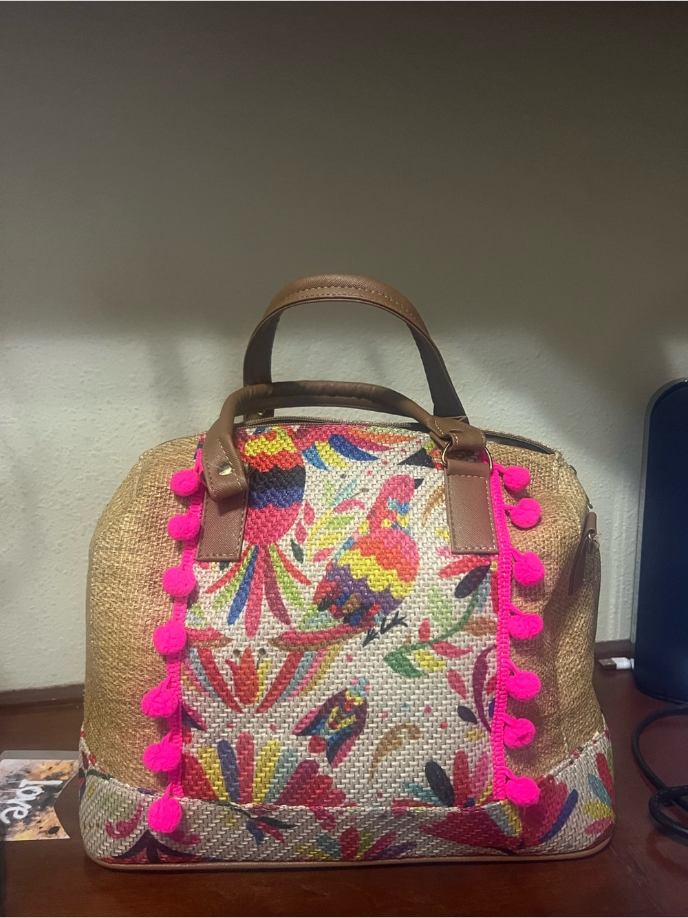 Tropical Embroidered Straw Tote with Hot Pink Pom Trim